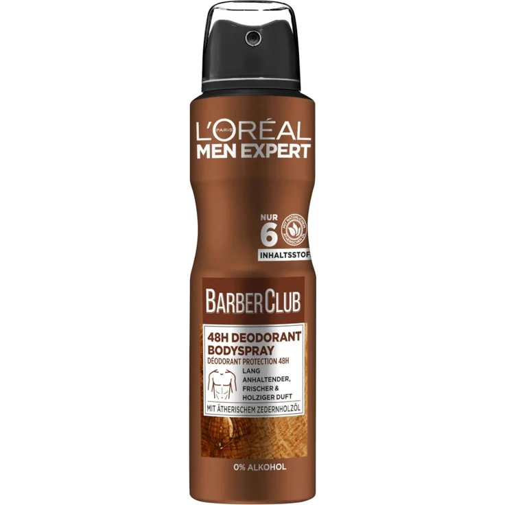 L'Oréal Men Expert Barber Club Deospray 150 ml, 48h Wirkung ohne Alkohol und Aluminium, mit ätherischem Zedernholzöl