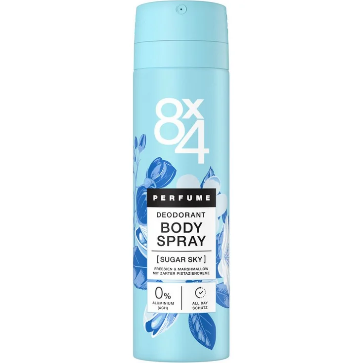 8x4 Body Spray Sugar Sky, 6 x 150ml, süß‑gourmander Duft mit Fresien, Marshmallow und Pistazie, 24h Deo-Schutz
