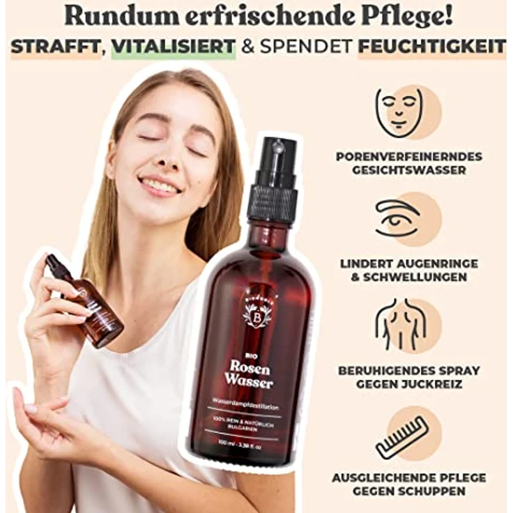 Bionoble Rosenwasser Bio 100ml - Hydrolat aus Damaszener-Rosen 100% Rein und Natürlich - Gesicht, Augenpartie, Körper, Haare - Rose Water - Glasflasche + Spray – Bild 2