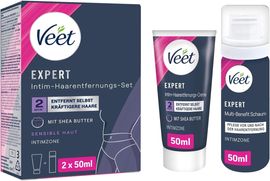 Veet Expert Intim-Haarentfernungs-Set, Enthaarungscreme und Multi-Benefit Schaum, 2 x 50 ml, für sensible Haut