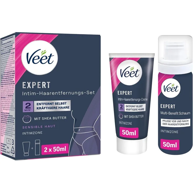 Veet Expert Intim-Haarentfernungs-Set, Enthaarungscreme und Multi-Benefit Schaum, 2 x 50ml, für sensible Haut