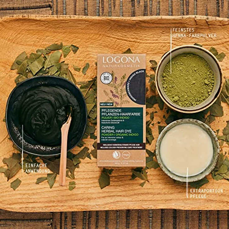 LOGONA Naturkosmetik Pflegende pflanzliche Haarfarbe, Veganes Haarfarbe-Pulver mit Bio-Indigo für intensive Farbe und Glanz, Pflanzenhaarfarbe in Indigoschwarz (Schwarz), 1 x 100g – Bild 2