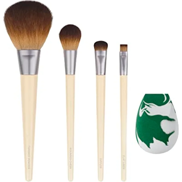 EcoTools Core Five Make-up-Pinsel- und Schwamm-Set, für Lidschatten, Rouge, Bronzer, Eyeliner und Foundation, Make-up Blending Schwamm, Pinsel Essentials, 5-teiliges Set
