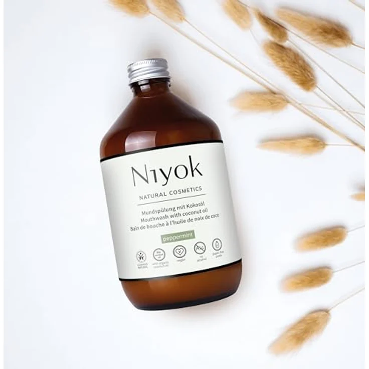 Niyok Mundspülung - Pfefferminze, 500ml 2er Pack, mit antibakteriellem Bio-Kokosöl, vegan, plastikfreie Glasflasche – Bild 7