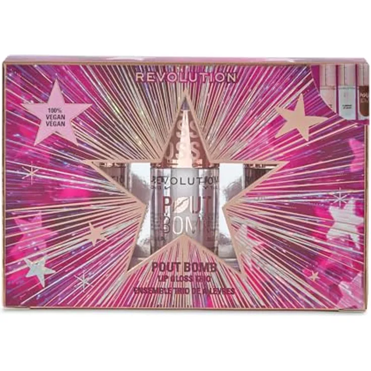 Revolution Pout Bomb Plumping Lip Gloss Trio Gift Set, 3 Originalgrößen mit Hyaluronsäure & Peptiden, vegan & tierversuchsfrei, Farben: Glaze Clear, Jelly Berry Mauve, Candy Nude Pink