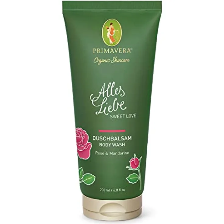 Primavera Alles Liebe Duschbalsam, Duschgel 200 ml mit Bio-Orangenblütenwasser, Rosenöl und Mandarinenöl für Damen