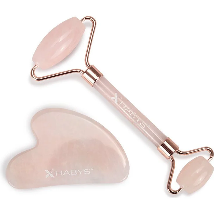 Habys Gua Sha Massage-Set, Rosenquarz mit Roller für Gesichtspflege in eleganter Minimalsitik Magnetbox