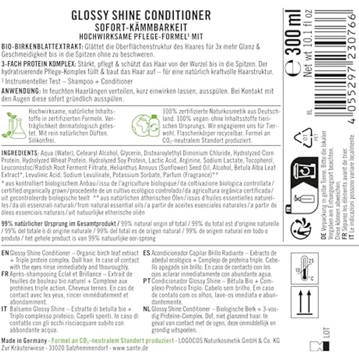 Sante Naturkosmetik Glossy Shine Conditioner, 150 ml - Pflegende Haarspülung mit Bio-Birkenblattextrakt für glänzendes und geschmeidiges Haar – Bild 2