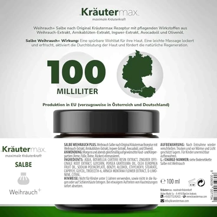 Kräutermax Weihrauchsalbe Extra Stark 100 ml Hochdosiert Boswellia Creme - Natürliche Regeneration und Hautpflege – Bild 2