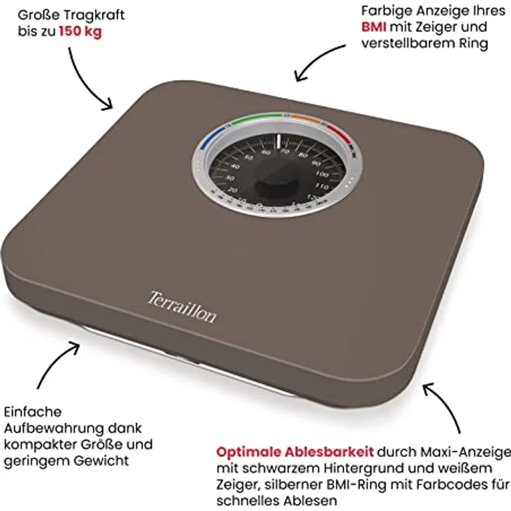 Terraillon Mechanische Personenwaage, Große Skala mit BMI, Anzeige, 150 kg, Nautic Up, Braun – Bild 3