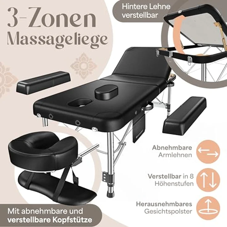 KESSER® Massageliege 3 Zonen, klappbar und verstellbar, bis 250kg, tragbar mit Koffer, schwarz, Alu-Kopfstütze und Armlehne, Anti-Rutsch Füße, 70cm – Bild 3