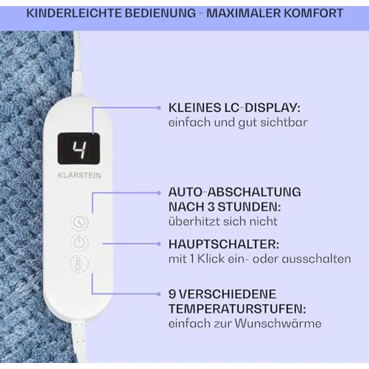 Klarstein Dr. Watson Deluxe XL Heizdecke, 180 x 130 cm, waschbar, 9 Heizstufen, flauschiges Sherpa- und Beibei-Fleece, LED Timer, 160 W – Bild 6