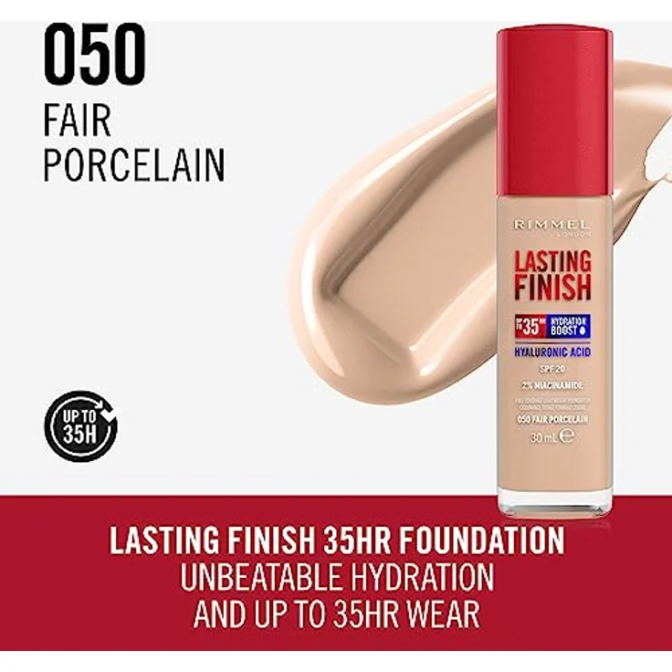 Rimmel London Lasting Finish 35 Hour Foundation - 050 - Fair Porzellan, 30 ml - Feuchtigkeitsspendend, mit Hyaluronsäure und Vitamin E, Lichtschutzfaktor 20, vegan, wasser- und wischfest, natürlicher Glanz – Bild 2