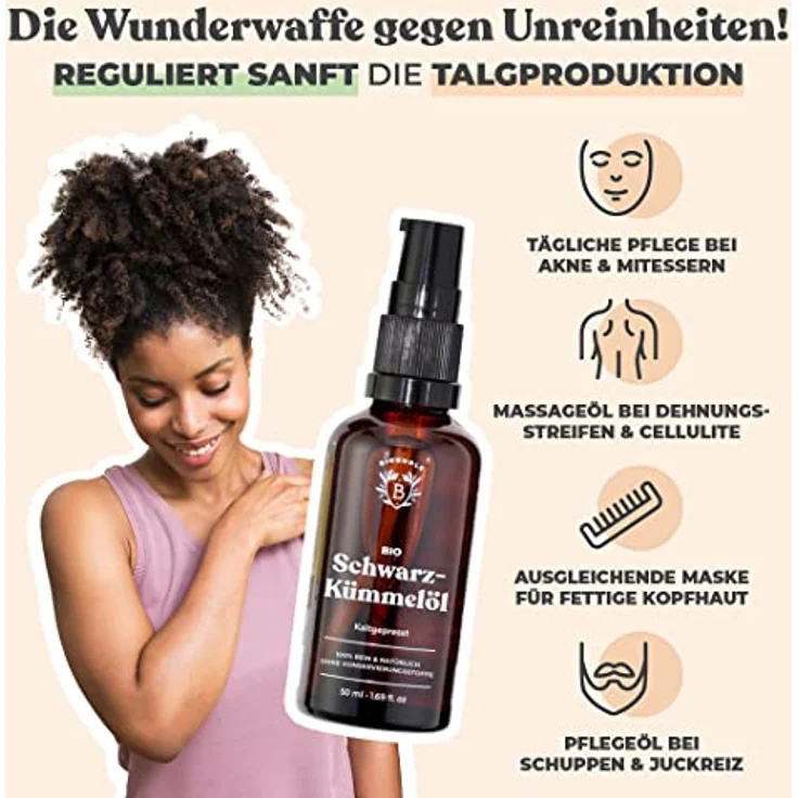 Bionoble Schwarzkümmelöl Bio 50ml - Glasflasche + Pipette + Pumpe - 100% Kaltgepresst und Ungefiltert - Gesicht, Körper, Haare - Ägyptisches Schwarzkümmel Öl - Vegan Organic Black Seed Oil – Bild 2