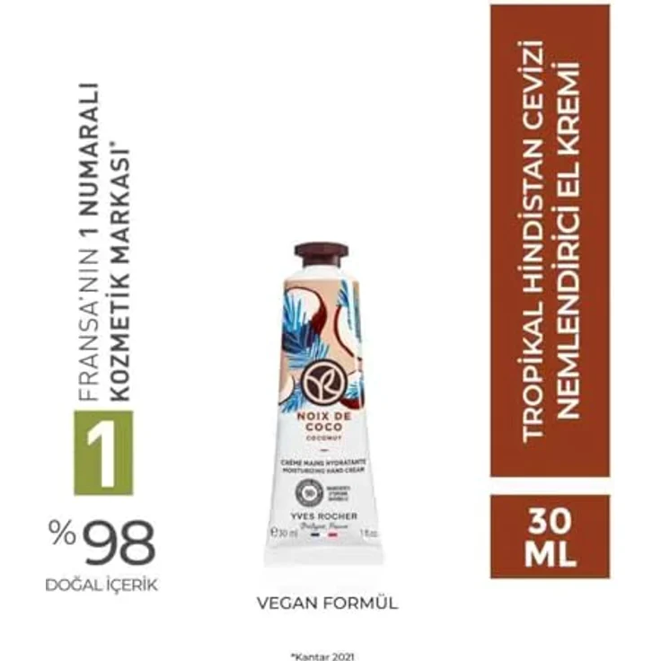 Yves Rocher Coconut Moisturizing Hand Cream, 30 ml, zartschmelzende Creme mit 98% natürlichen Inhaltsstoffen und Kokosnussduft – Bild 2