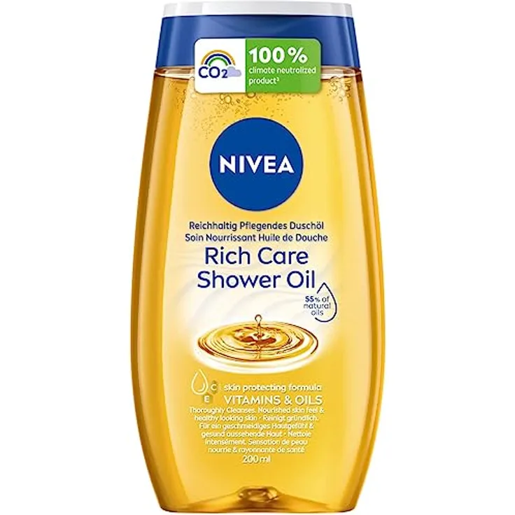NIVEA Reichhaltig Pflegendes Duschöl (200 ml), sanftes Duschgel mit natürlichen Ölen und Vitaminen, reichhaltige Pflegedusche für ein geschmeidiges Hautgefühl