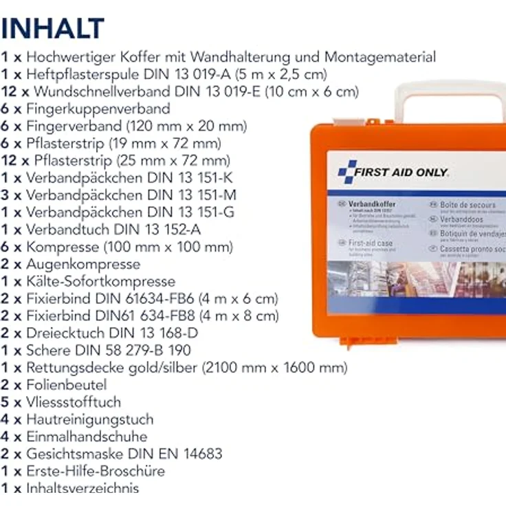 First Aid Only Verbandkoffer mit Griff, DIN 13157, inklusive Trennscheiben, Wandhalterung, Schrauben und Dübeln, orange, P-10020 – Bild 6