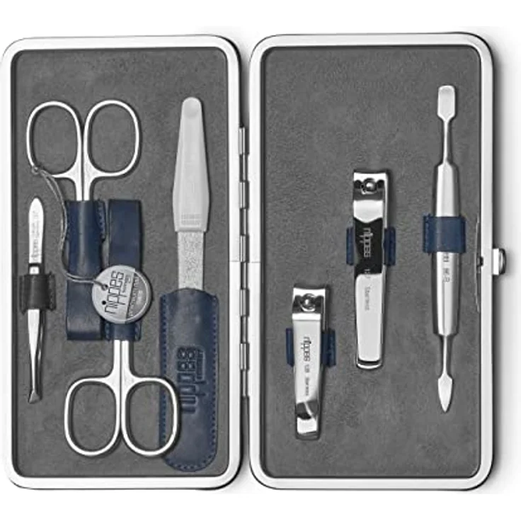 nippes Solingen Maniküre Set Vintage, 7-teilig, Antik Rindsleder Nagelset mit Rahmen, weiches Wildleder innen, Made in Germany, Nagelpflege Set mit vernickelten Instrumenten… – Bild 1