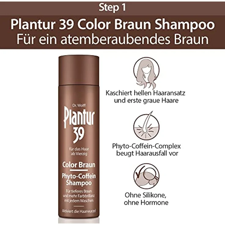 Plantur 39 Color Braun Phyto-Coffein-Shampoo, 2 x 250 ml, für braunes Haar, kaschiert graue Haare, pflegt und beugt menopausalem Haarausfall vor – Bild 2