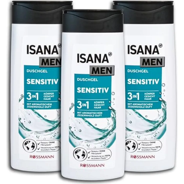 3 er Pack ISANA MEN 3in1 Duschgel sensitiv Shower Gel 3 x 300 ml