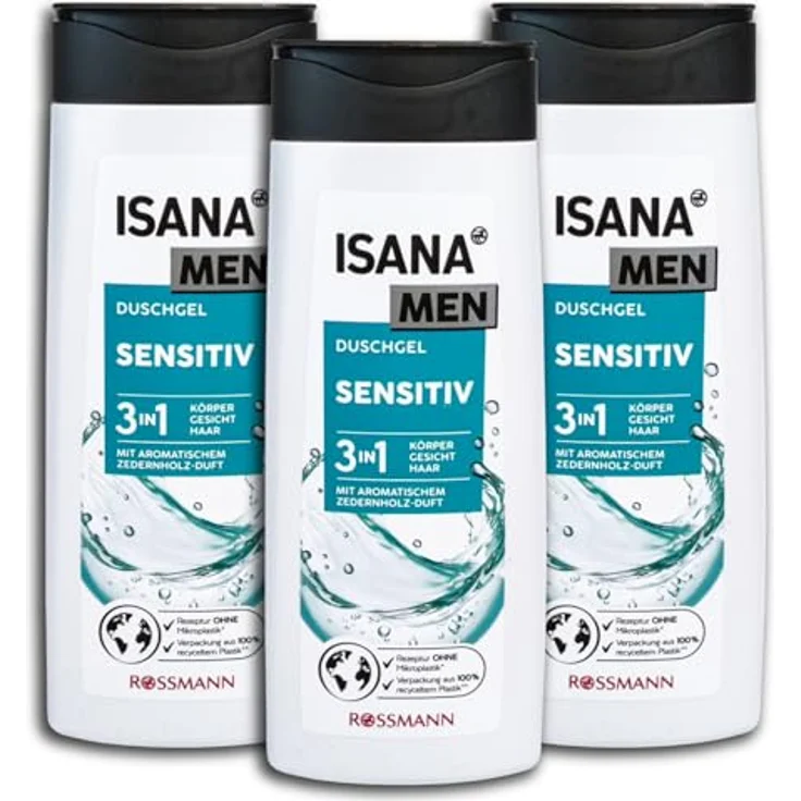 3 er Pack ISANA MEN 3in1 Duschgel sensitiv Shower Gel 3 x 300 ml