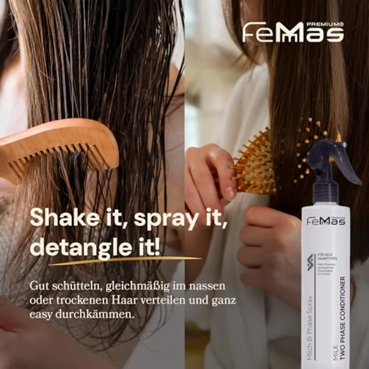 FemMas Bi-Phase Spray Milk Sofortpflege 320ml, Leave-in Conditioner mit Milchproteinen für Glanz, Geschmeidigkeit und Haarausfallprophylaxe – Bild 5