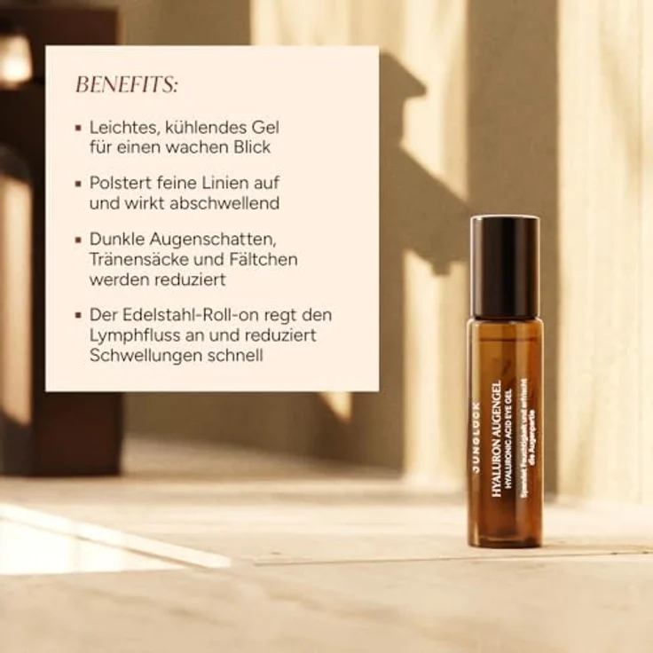 junglück Hyaluron Augengel Roll On, Vegan, Anti Aging Augenroller mit 0,5% Hyaluronsäure und BIO Aloe Vera, kühlendes Augenserum mit Koffein, abschwellend gegen Falten und Augenringe – Bild 2