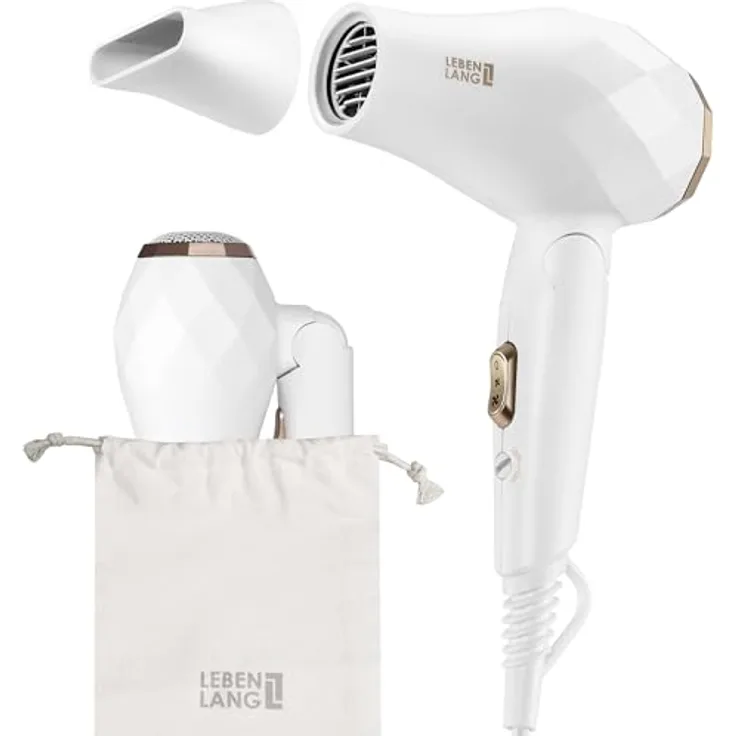 LEBENLANG Reisefön klappbar klein - Duale Spannung & Inkl. Reisetasche mit Stylingdüse - Weiß Gold - Power 1000W - Leicht & Kompakt - 2 Leistungsstufen - Haartrockner für Reisen und Zuhause