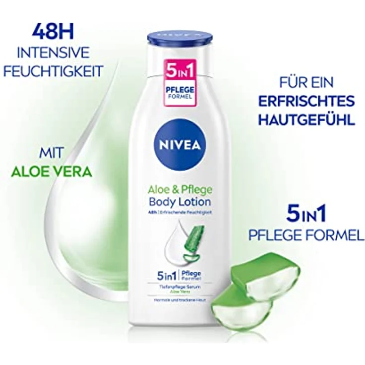 NIVEA Aloe & Pflege Body Lotion (400 ml), Körpercreme für trockene Haut mit 5in1 Pflege Formel und Tiefenpflege Serum, Hautcreme mit Aloe Vera natürlichen Ursprungs – Bild 4