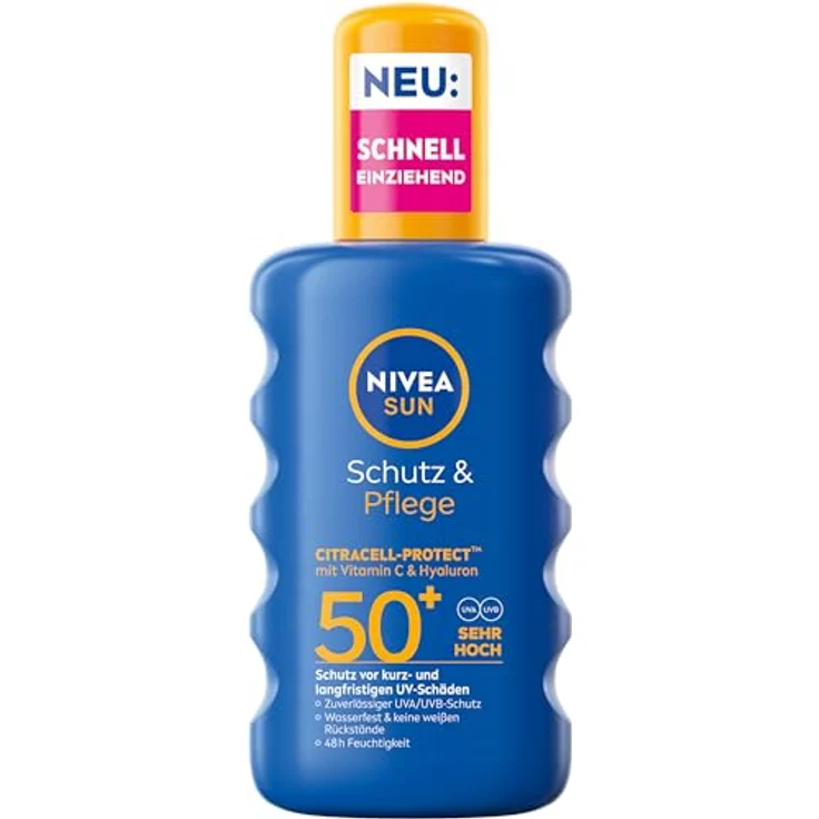 NIVEA SUN Schutz & Pflege Sonnenspray LSF 50+, wasserfest mit Vitamin C & Hyaluron, schnell einziehend, 48h Feuchtigkeit, 200 ml – Bild 1