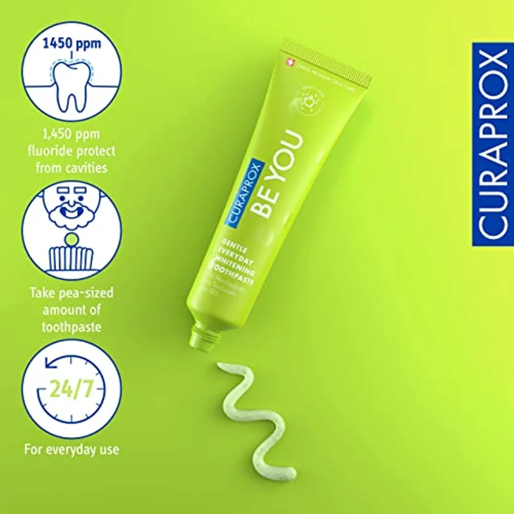 Curaprox Be You Apfel Whitening-Zahnpasta mit Geschmack von Apfel und Aloe Vera, mit Menthol, vegan, 950 ppm Fluorid, RDA 50, grün, 60 ml – Bild 2