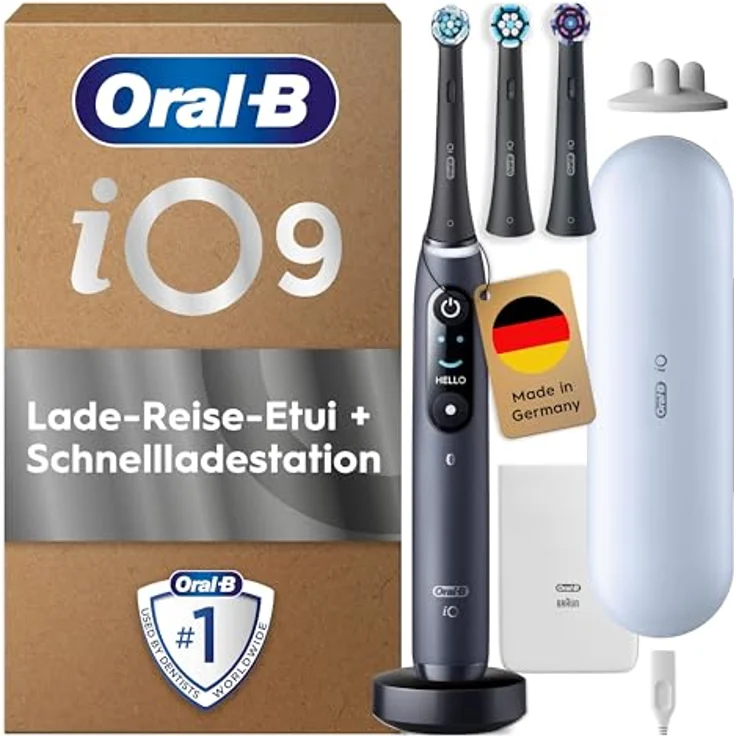 Oral-B iO Series 9 Elektrische Zahnbürste, 7 Putzprogramme, inkl. 3 Aufsteckbürsten, Lade-Reise-Etui, Schnellladestation, Schwarz – Bild 1