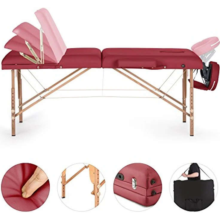 Klarfit MT 500 Massagetisch 210 cm 200 kg klappbar Feinzellschaum Tasche beige Rot – Bild 3