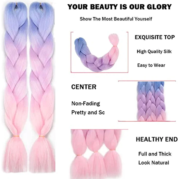 Shangxiu 3 Packs Kunsthaar zum Einflechten, Jumbo Braids Extension 24", Ombre Synthetisches Flechthaar in Blau/Hellviolett/Rosa – Bild 3