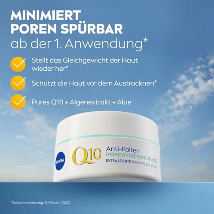 NIVEA Q10 Anti-Falten PORENVERFEINERUNG Extra Leichte Tagespflege mit LSF 15, 50 ml, Gesichtscreme für Mischhaut, Algenextrakt und Aloe – Bild 2