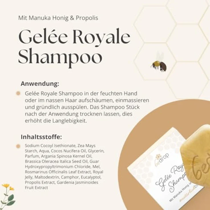 bedrop Festes Shampoo mit Gelée Royale, Manuka Honig & Propolis für brüchiges, sanftes & gesundes Haar, feste Haarseife - 65g – Bild 5
