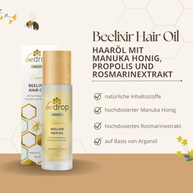bedrop Beelixir Hair Oil/Haaröl mit Manuka Honig, Propolis & Rosmarinextrakt auf Basis von Arganöl - 30ml (3) 3er Set, für geschmeidiges und starkes Haar – Bild 2