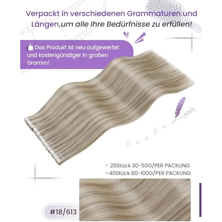 LaaVoo Tape in Extensions Echthaar 60cm, Ashblond Hellblond, Remy Haarverlängerung mit verbesserter Klebetechnik, 20 Stück, 50g – Bild 3