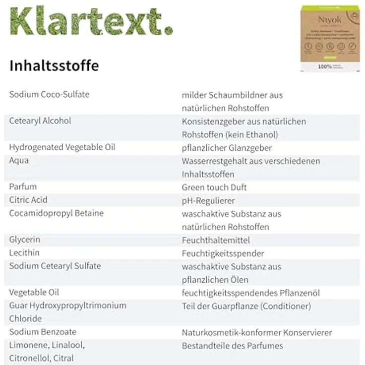 Niyok® 2-in-1 Festes Shampoo + Conditioner "Green Touch" (80g) • Vegane Haarseife • Nachhaltiges Shampoo & Spülung • Haarshampoo & Haarspülung • 100% Naturkosmetik • Plastikfrei & Vegan – Bild 2