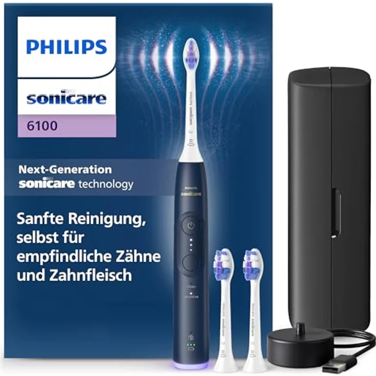 Philips Sonicare 6100, elektrische Schallzahnbürste mit 2 Putzmodi, 3 Intensitätsstufen, Andruckkontrolle, Reiseetui, Marineblau, Modell HX7403/01 – Bild 1