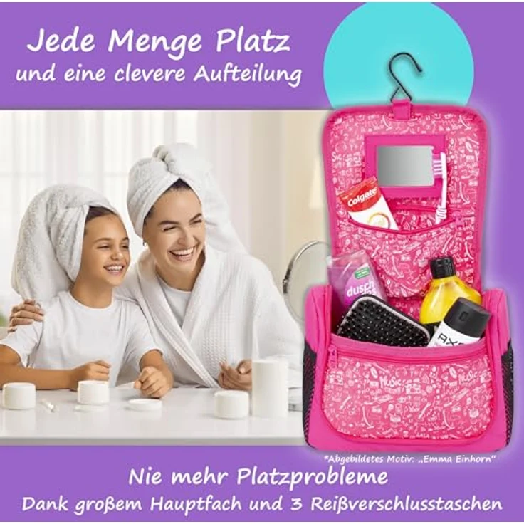 GRINSEZWERGE Kinder Kulturtasche, Reise Kulturbeutel zum Aufhängen mit großem Hauptfach, 7 Fächern, abnehmbarem Spiegel und Namensschild – Bild 4