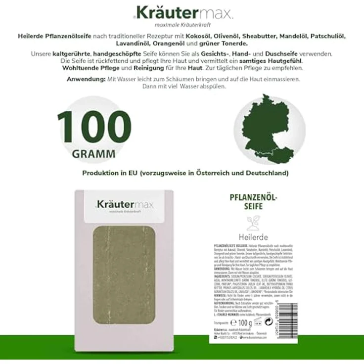Kräutermax Heilerde Pflanzenöl Seife 1 x 100 g, Handgemachte Naturseife mit grüner Tonerde und ätherischen Ölen – Bild 2