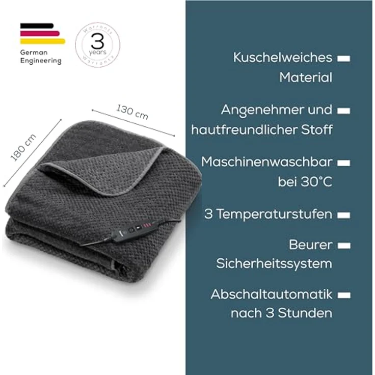 BEURER Heizdecke HD 65, weiche, maschinenwaschbare Wärmezudecke mit 3 Temperaturstufen und Sicherheitsabschaltung, dunkelgrau – Bild 6