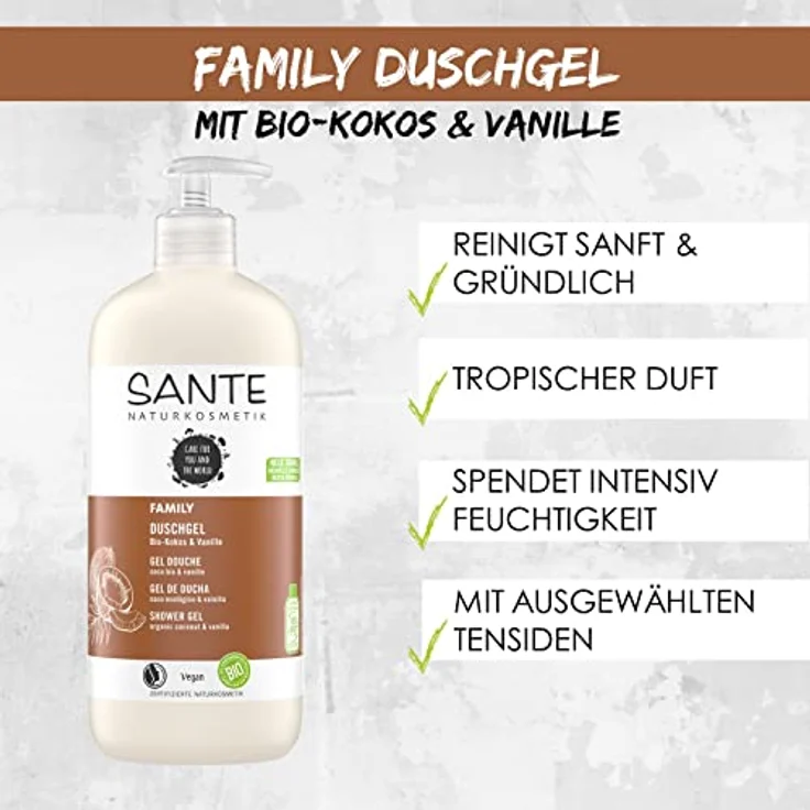 SANTE Naturkosmetik Pflegendes Duschgel mit exotischem Duft, Duschpflege für geschmeidige Haut in Familiengröße, Mit Bio-Kokosnuss und Bio-Aloe Vera, Family Duschgel , 1 x 950 ml – Bild 3