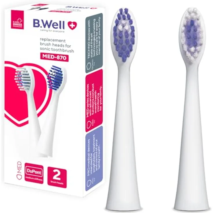 B.WELL Bürstenköpfe Brush Heads MED-870, 2er Pack mit DuPont Borsten, mittelstark, für elektrische Zahnbürsten, weiß