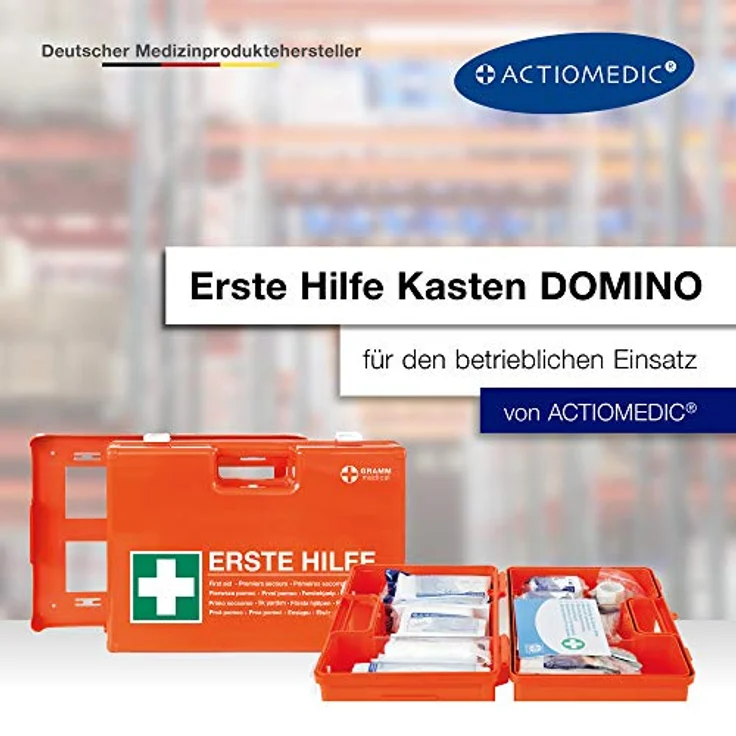 ACTIOMEDIC Mobiler und stationärer Erste-Hilfe-Kasten mit Wandhalterung zur Aufbewahrung, DOMINO DIN 13157:2021 I Hypoallergene Pflaster, mehrsprachig, Visuelle Hilfsmittel, orange, 28 x 12 x 20 cm – Bild 2
