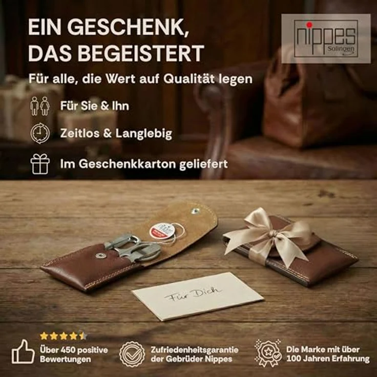 Nippes Classic Maniküre-Set braun, inkl. Kombinierte Haut- und Nagelschere, Saphirfeile & Pinzette, aus rostfreiem Stahl, Rindleder-Etui – Bild 7