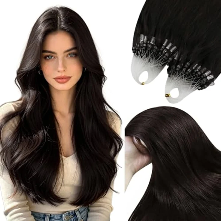 YoungSee 60 cm Microring Extensions Echthaar Dunkelbraun, Kaltfusion Haarverlängerung, 50g Remy Echthaar für Damen – Bild 1
