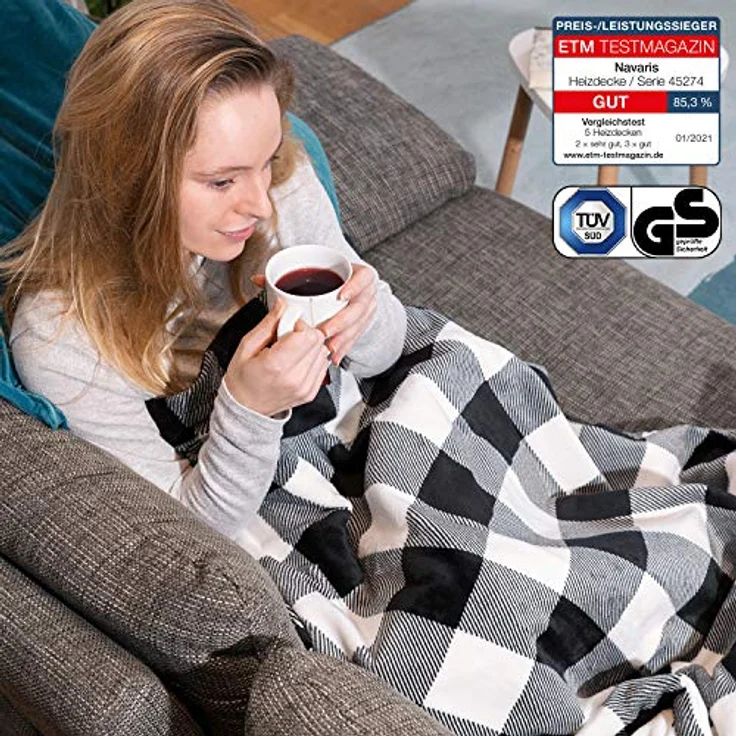 Navaris Heizdecke, XXL Elektrische Wärme Decke 180x130cm 3 Wärmestufen Abschaltautomatik waschmaschinengeeignet Kuschelige Bett Wärmedecke kariert schwarz, weiß – Bild 3