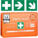 Werkstein Erste-Hilfe-Koffer DIN 13157:2021 Small - Wandhalterung, 3x Aufkleber, Gesichtsmasken & Feuchttücher - Orange